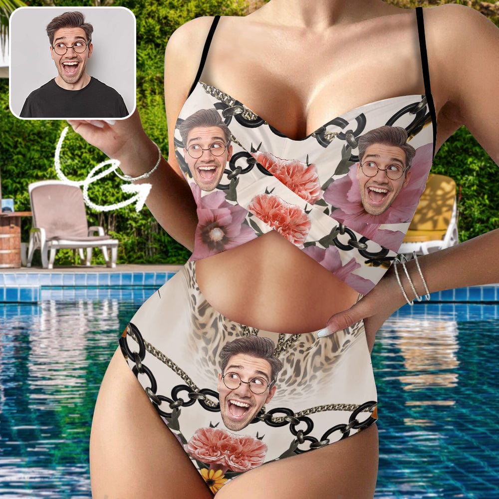 Custom Face Backless Swimsuit Personalized Face Pink Flowers With Chain Women&