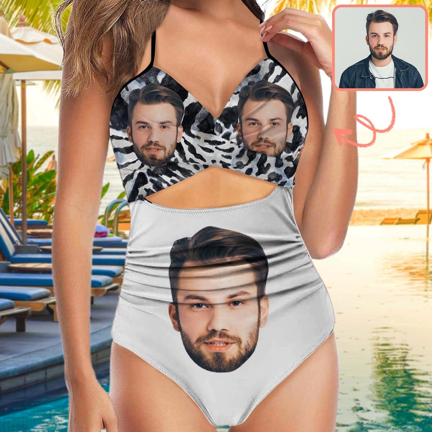 Custom Face Backless Swimsuit Personalized Face Black&amp;White Women&