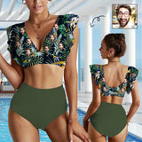 [Up to 5XL] Custom Face Leaves Ruffle Sleeve Bikini Swimsuit Personalized Bathing Suit