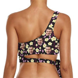 Custom Face Purple Flowers Black Separated Bikinis Top&Bottom A Line Trouser Midi Skirt with Pockets for Womens