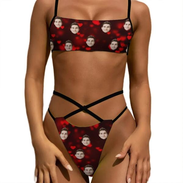 Custom Face Little Hearts Waist Bond Sports Bikini Peronalized Two Piece Swimsuit