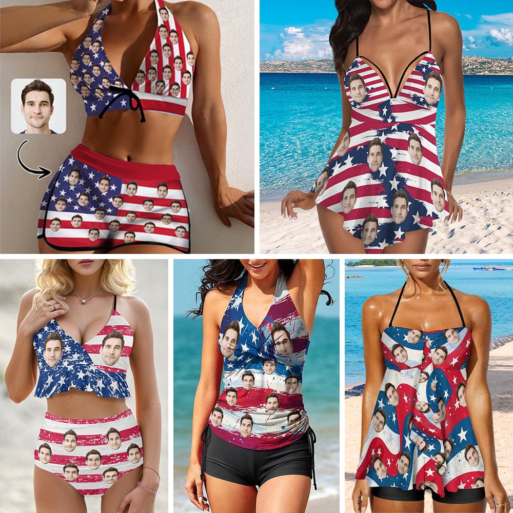 [New Arrivals] 4th of July Custom Face  USA Flag Swimsuit USA Flag Bathing Suit with Husband Face