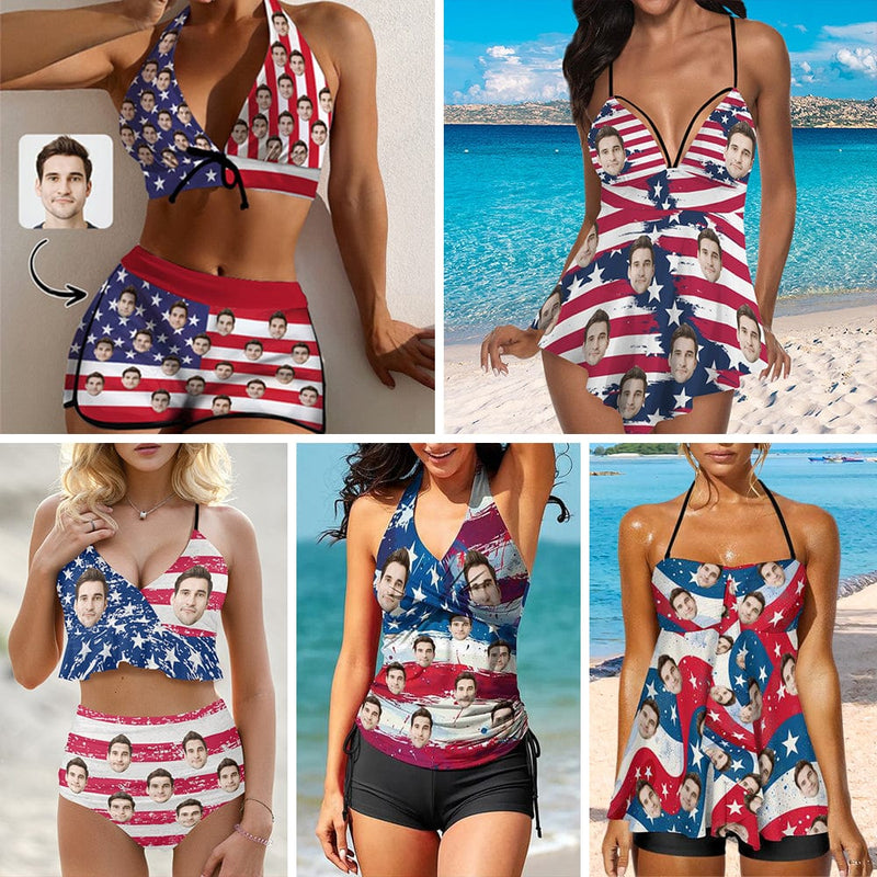 [New Arrivals] 4th of July Custom Face  USA Flag Swimsuit USA Flag Bathing Suit with Husband Face