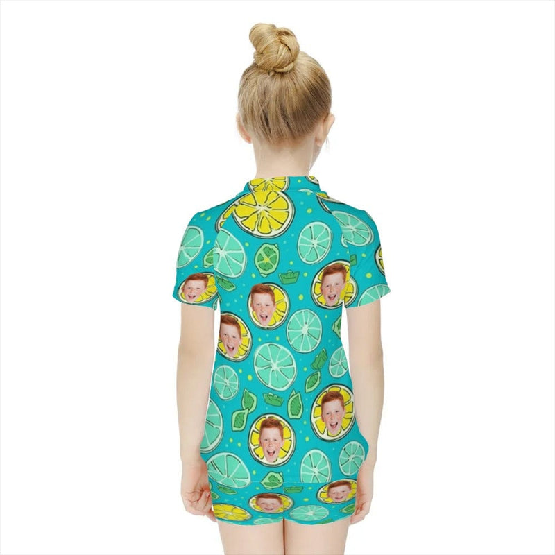 Custom Face Lemon Short Sleeve Two Piece Tankini Personalized Kid Swimsuit