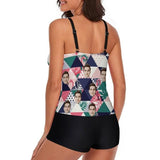 Custom Face Geometric Pattern Ruched Plain Adjustable Strap Tankini Personalized Two Piece Swimsuit