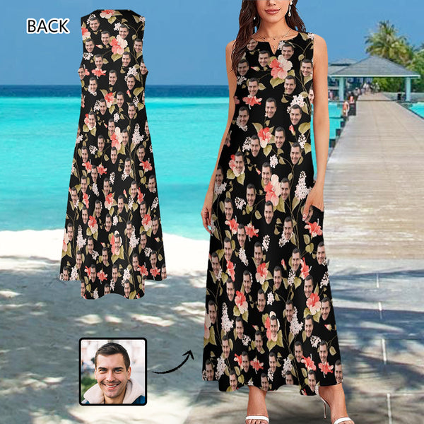 Custom Face Black Flowers Sleeveless Summer Dress with Pocket Personalized Women's Long Dress