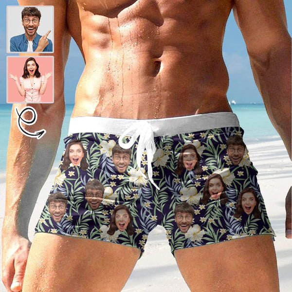 Custom Face Hawaii Flowers Men's Swimwear Short Swim Trunks with Zipper Pocket Personalized Surfing Square Leg Board Shorts