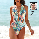 Custom Face Watercolor Women's Deep V-Neck Low Back Crossover One Piece Swimsuit  Personalized Woman Swimsuit