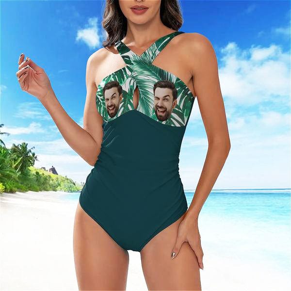 Custom Face Cross Collar One Piece Swimsuit Personalized Women&