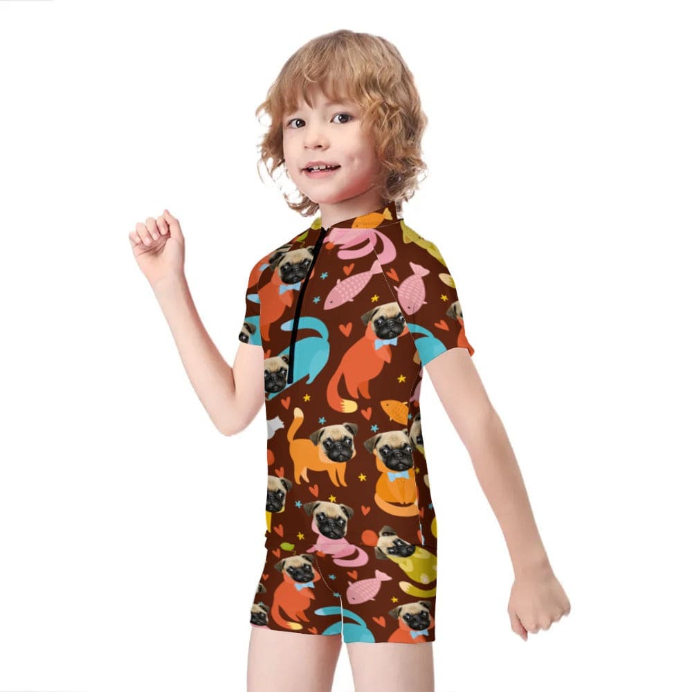 Custom Pet Face Brown Short Sleeve Two Piece Tankini Personalized Kid Swimsuit