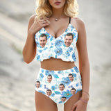 Custom Face Ruffled Top High Waist Bikini Personalized Women's Swimming Suit Bathing Suit