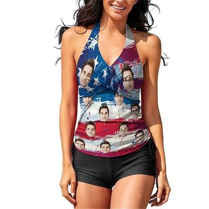 [New Arrivals] 4th of July Custom Face  USA Flag Swimsuit USA Flag Bathing Suit with Husband Face