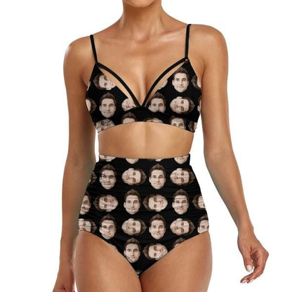 Custom Face Black Background Bust Bond  High Waist  Bikini Personalized Two Piece Swimsuit