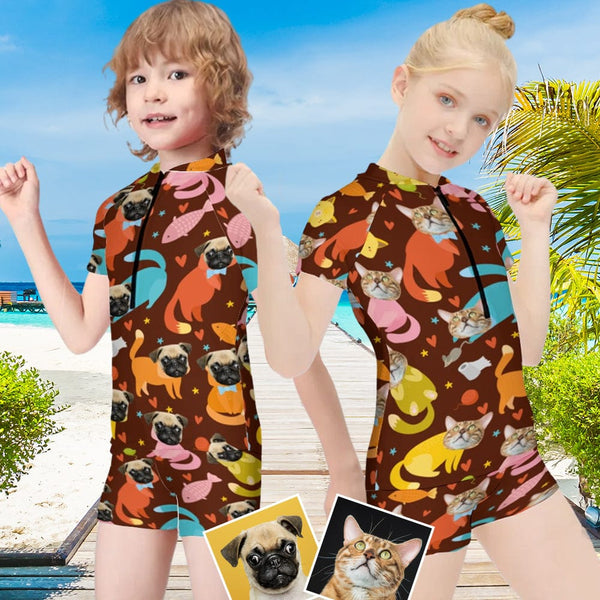 Custom Pet Face Brown Short Sleeve Two Piece Tankini Personalized Kid Swimsuit