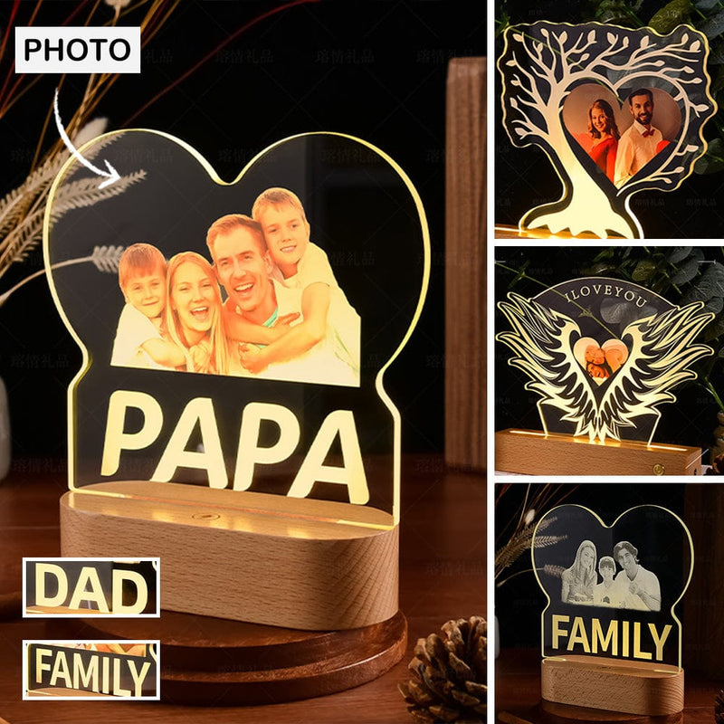 Custom Photo Acrylic Night Light with Wood Base Custom Photo Collage LED Light Father Day Gift