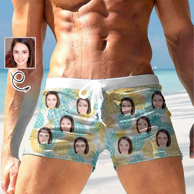 Custom Face Pineapple Men's Swimwear Short Swim Trunks with Zipper Pocket Personalized Surfing Square Leg Board Shorts