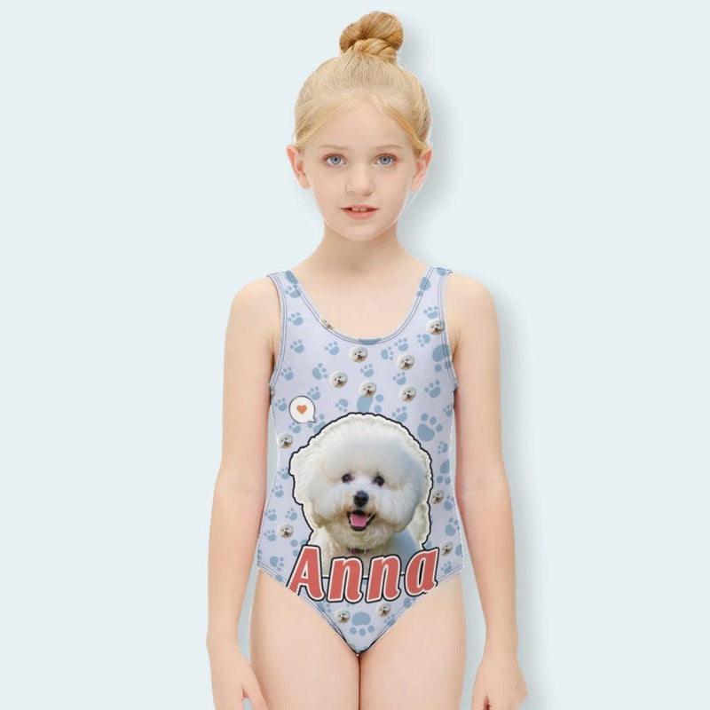 Custom Pet Face Name One Piece Kid's Swimsuit Personalized Swimsuit For Children