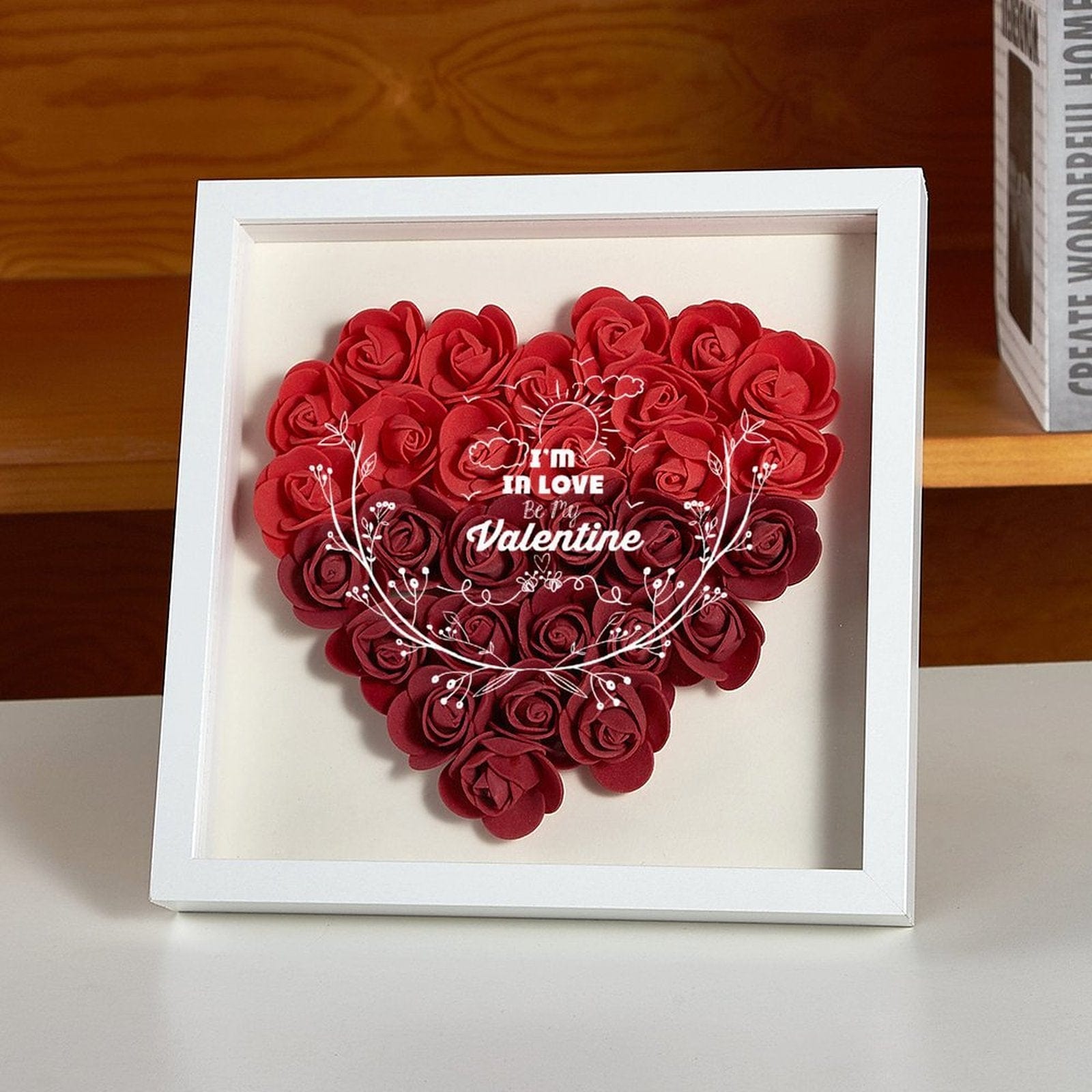 Custom Text Heart-shaped Paper Flower Shadow Box Valentine&