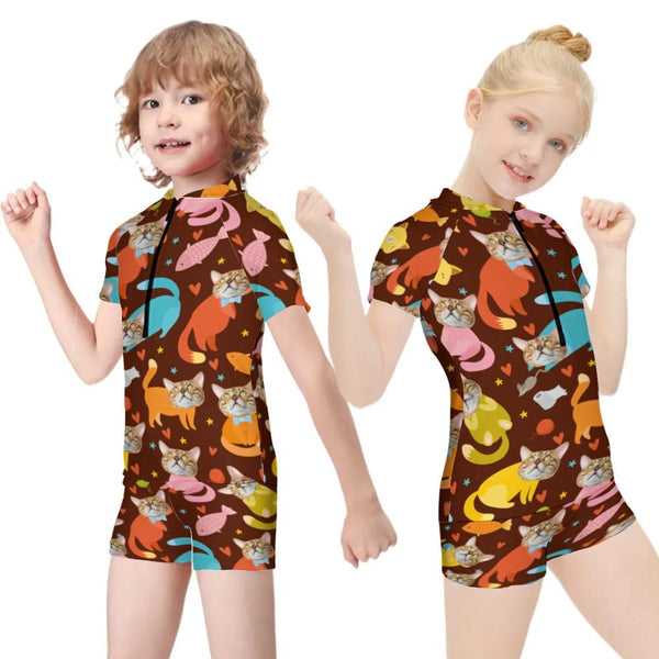 Custom Pet Face Brown Short Sleeve Two Piece Tankini Personalized Kid Swimsuit