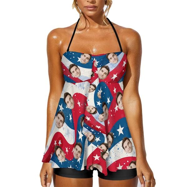 [New Arrivals] 4th of July Custom Face  USA Flag Swimsuit USA Flag Bathing Suit with Husband Face