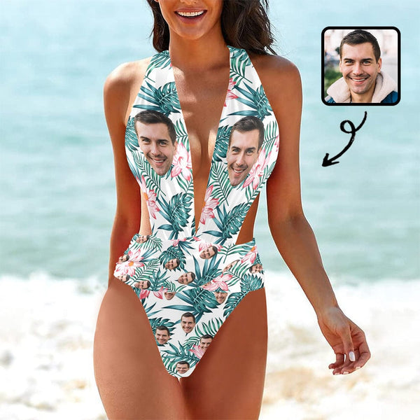 Custom Face Green Leaves Women's Deep V-Neck Low Back Crossover One Piece Swimsuit  Personalized Woman Swimsuit
