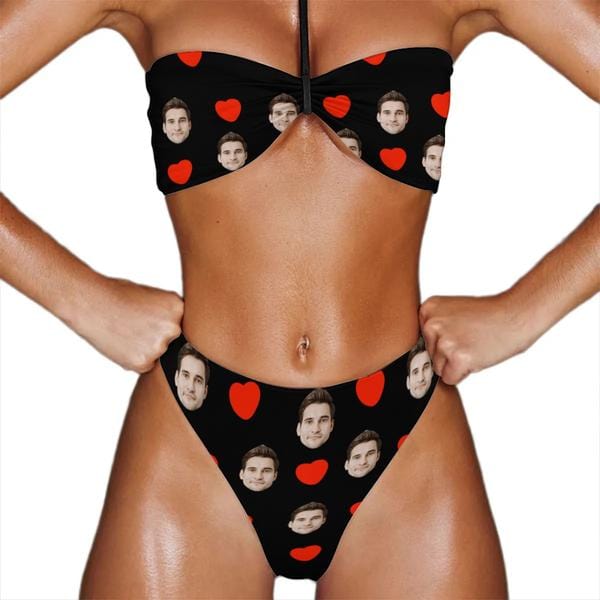 Custom Face Red Heart Black Triangle Halterneck Bikini Personalized Two Piece Swimsuit