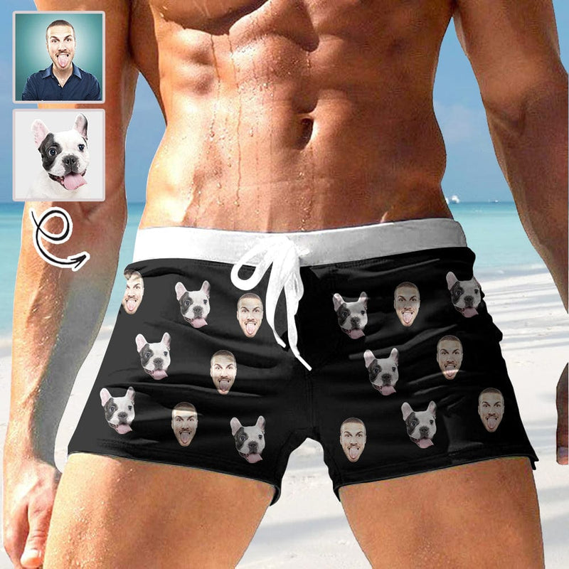 Custom Face Pet Black Men's Quick Dry Shorts Personalized Swim Trunks with Side Zipper Pocket Surfing Square Leg Board Shorts