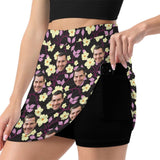 Custom Face Purple Flowers Black Separated Bikinis Top&Bottom A Line Trouser Midi Skirt with Pockets for Womens