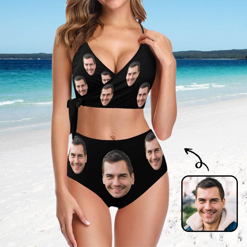 Custom Husband Face Black Knot Side Bikini Swimsuit Women&