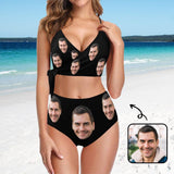 Custom Husband Face Black Knot Side Bikini Swimsuit Women's Two Piece Swimsuit Personalized Bathing Suit Summer Beach Pool Outfits