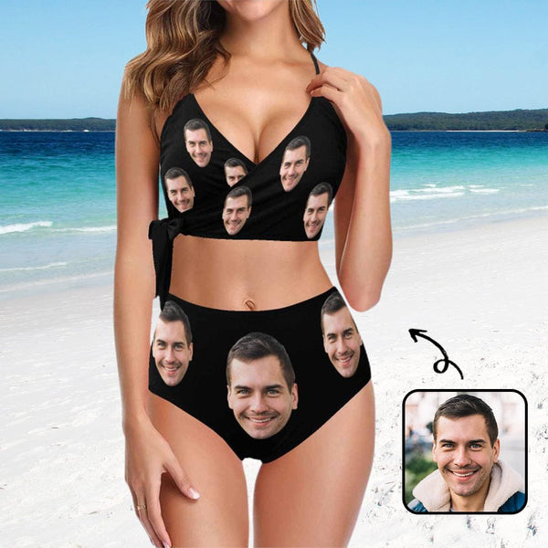 Custom Husband Face Black Knot Side Bikini Swimsuit Women's Two Piece Swimsuit Personalized Bathing Suit Summer Beach Pool Outfits