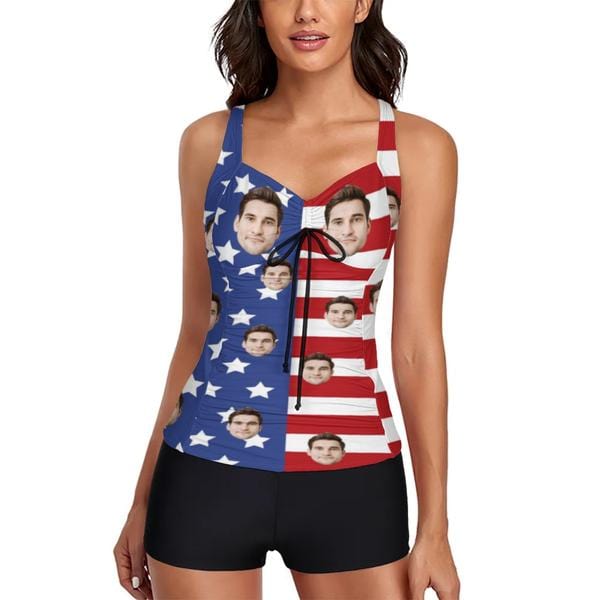 Custom Face USA Flag Ruched Plain Adjustable Strap Tankini Personalized Two Piece Swimsuit