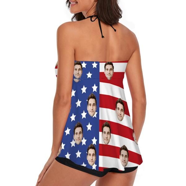 Custom Face Stripes Stars Flag Neck Sling Tankini Personalized Split Swimsuit