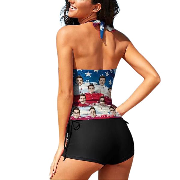 [New Arrivals] 4th of July Custom Face  USA Flag Swimsuit USA Flag Bathing Suit with Husband Face