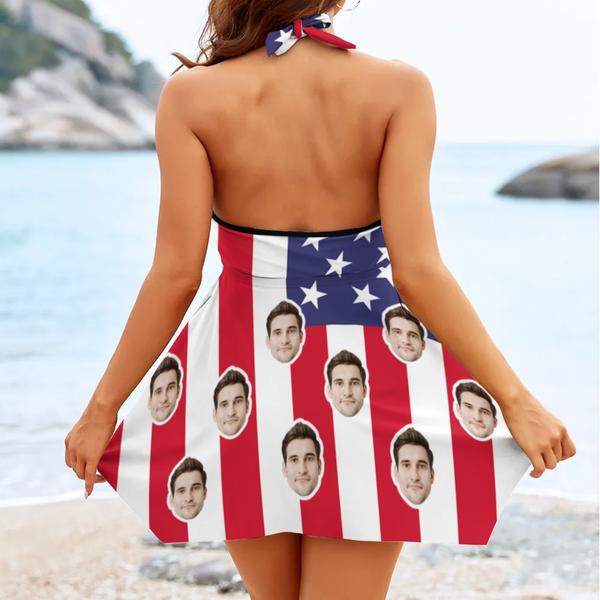 Custom Face USA Flag Midi Backless Swimming Dresses Personalized Two Piece Tankini with Built in Shorts