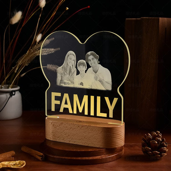 Custom Photo Acrylic Night Light with Wood Base Custom Photo Collage LED Light Father Day Gift