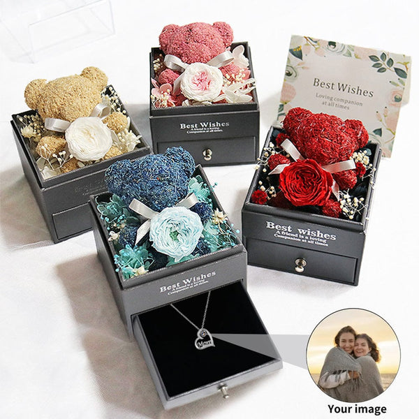 Custom Photo Necklace Eternal Flower Gift Box Cute Bear Personalized Gift for Mother