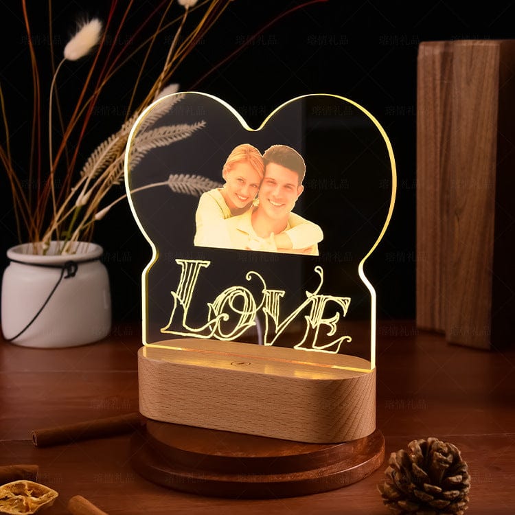 Custom Photo Acrylic Night Light with Wood Base Custom Photo Collage LED Light Father Day Gift