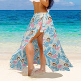 Custom Face Flamingo Blue Women's Knotted Long Cover up Personalized Sarongs Beach Wrap