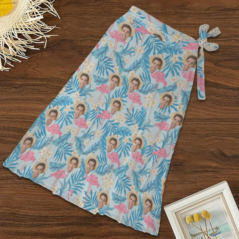 Custom Face Flamingo Blue Women's Knotted Long Cover up Personalized Sarongs Beach Wrap