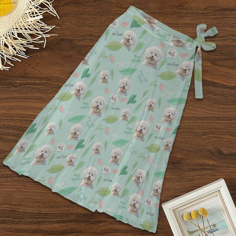 Custom Pet Face Leaves Women's Knotted Long Cover up Personalized Sarongs Beach Wrap