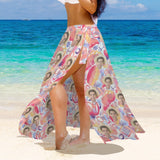 Custom Face Pink Flowers Women's Knotted Long Cover up Personalized Sarongs Beach Wrap