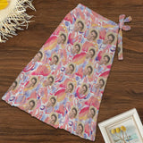 Custom Face Pink Flowers Women's Knotted Long Cover up Personalized Sarongs Beach Wrap