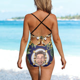 Custom Face Backless Swimsuit Personalized Face Retro Pattern Women's Front Cutout One Piece Swimsuit