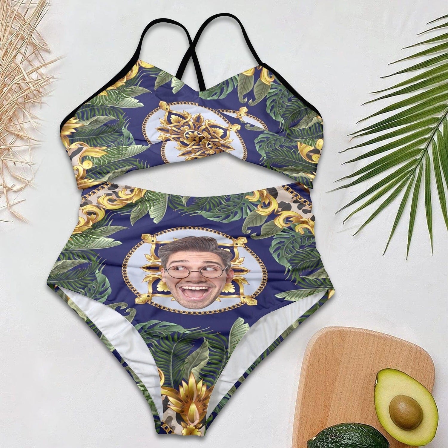 Custom Face Backless Swimsuit Personalized Face Retro Pattern Women&