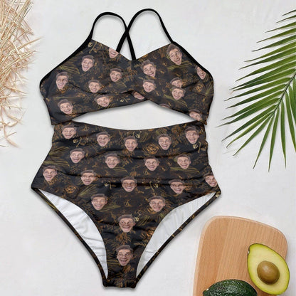 Custom Face Backless Swimsuit Personalized Face With Light Golden Flower Pattern Dark Brown Women&