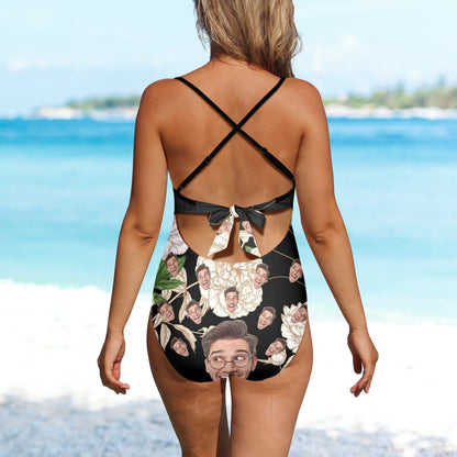 Custom Face Backless Swimsuit Personalized Face White Peony Women&