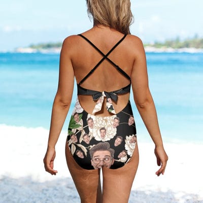 Custom Face Backless Swimsuit Personalized Face Pink Flowers Women&