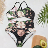 Custom Face Backless Swimsuit Personalized Face White Peony Women's Front Cutout One Piece Swimsuit