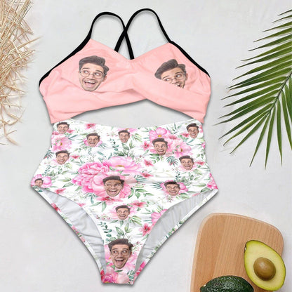 Custom Face Backless Swimsuit Personalized Face Pink Flowers Women&